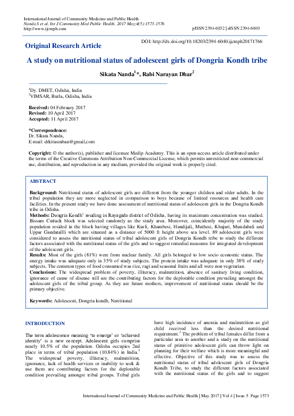 (PDF) A study on nutritional status of adolescent girls with reference ...
