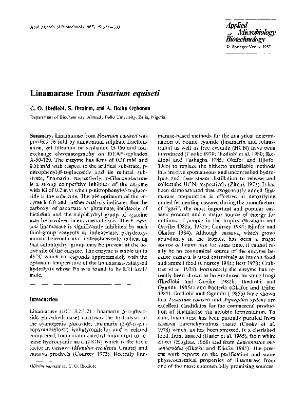 (PDF) Linamarase from Fusarium equiseti