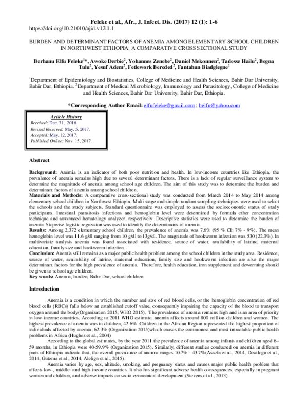 (PDF) Burden and Determinant Factors of Anemia Among Elementary School ...