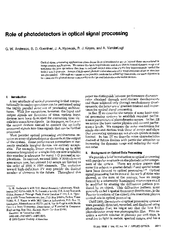 (PDF) Role of photodetectors in optical signal processing Bob D