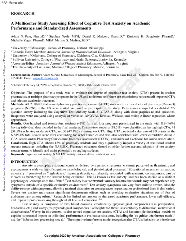(PDF) A Multicenter Study Assessing Effect of Cognitive Test Anxiety on ...