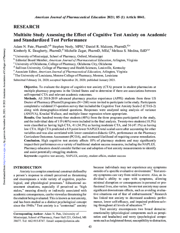 (PDF) Multisite Study Assessing the Effect of Cognitive Test Anxiety on ...