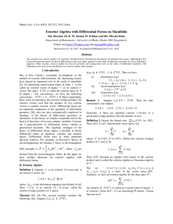 (PDF) Exterior Algebra with Differential Forms on Manifolds ashfaq M