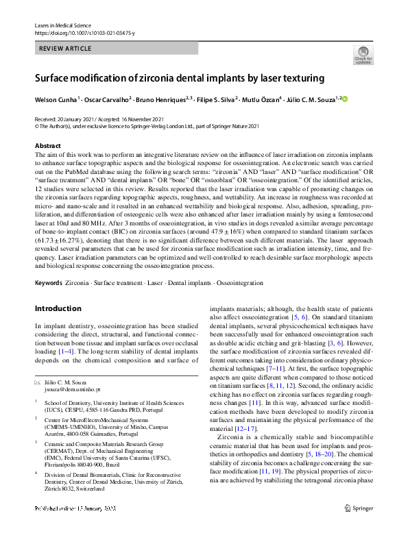 (PDF) Surface modification of zirconia dental implants by laser texturing
