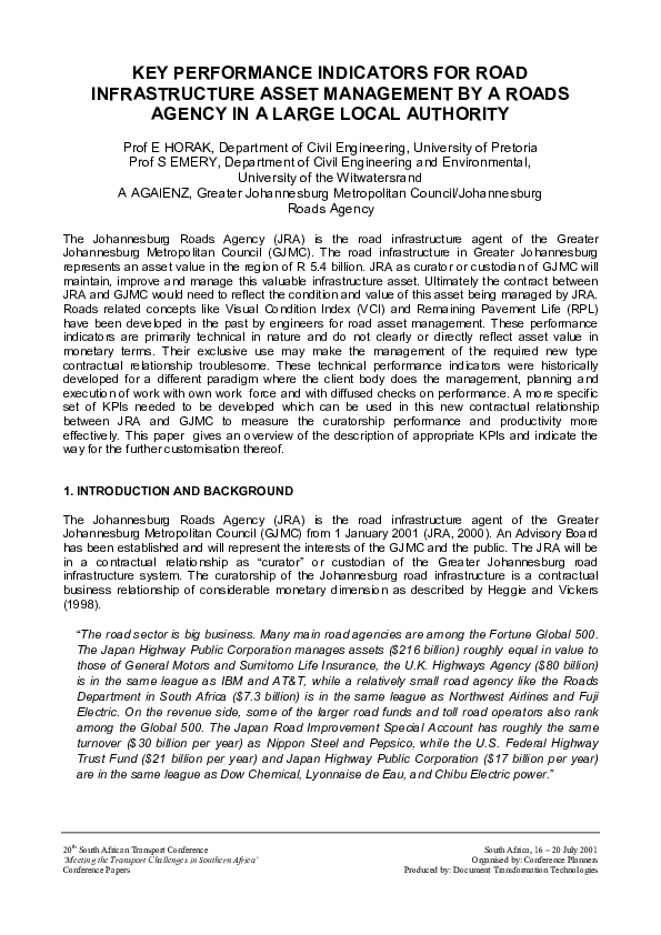 (PDF) Key performance indicators for road infrastructure asset ...