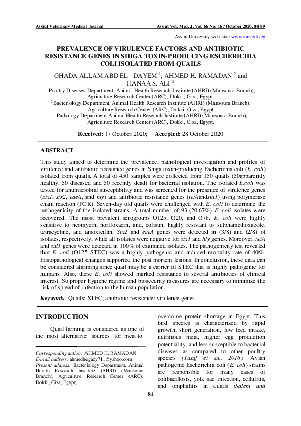 (PDF) Prevalence of Virulence Factors and Antibiotic Resistance Genes ...