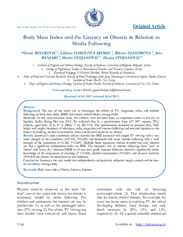 (PDF) Body Mass Index and the Literacy on Obesity in Relation to Media ...