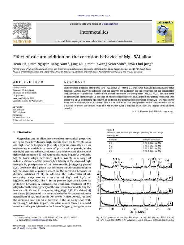 (PDF) Effect of calcium addition on the corrosion behavior of Mg–5Al alloy
