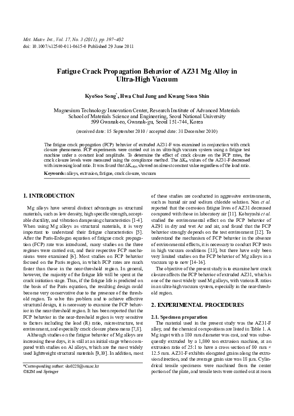 (PDF) Fatigue crack propagation behavior of AZ31 Mg alloy in ultra-high ...
