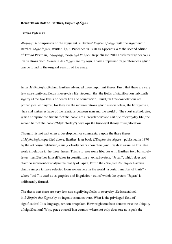 (DOC) Remarks on Roland Barthes, Empire of Signs