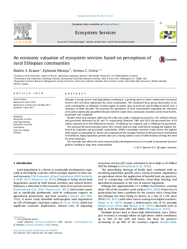 (PDF) An economic valuation of ecosystem services based on perceptions ...