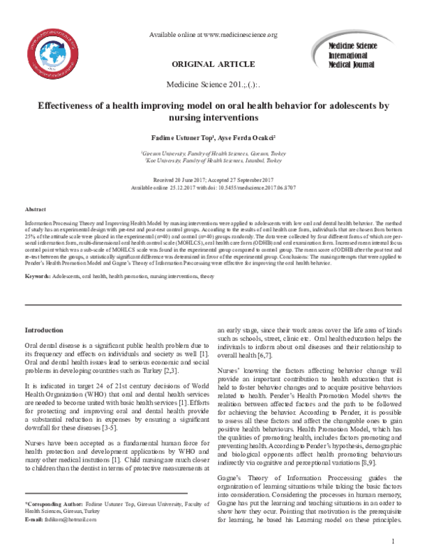 (PDF) Effectiveness of a health improving model on oral health behavior ...