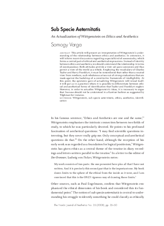 (PDF) Sub Specie Aeternitatis. An Actualisation of Wittgenstein on ...