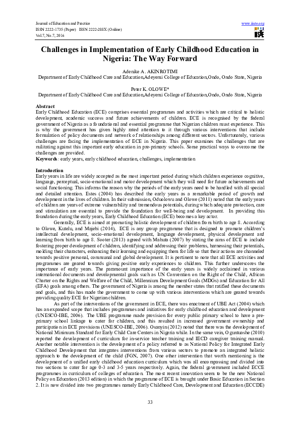 (PDF) Challenges in Implementation of Early Childhood Education in ...