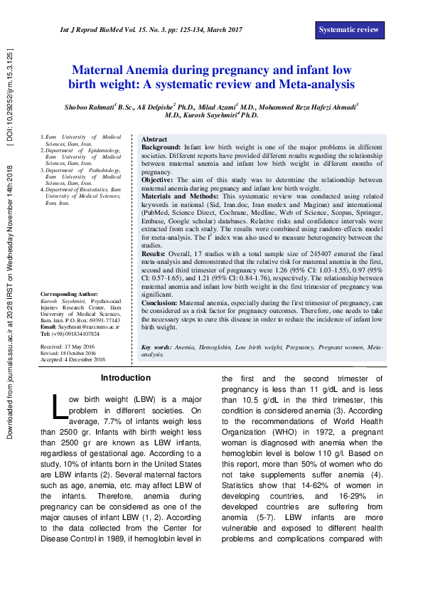 (PDF) Maternal Anemia during pregnancy and infant low birth weight: A ...