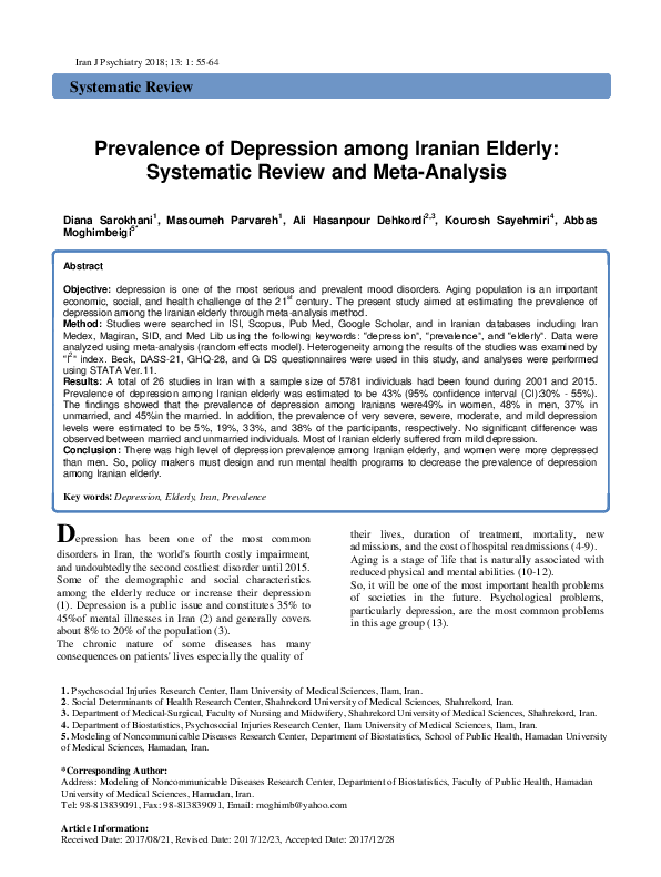 (PDF) Prevalence of Depression among Iranian Elderly: Systematic Review ...