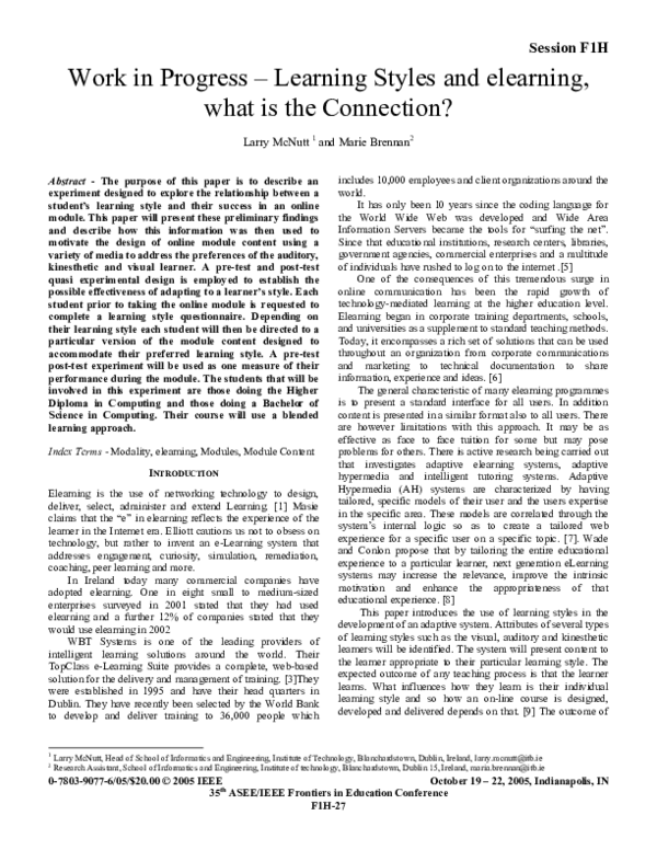 (PDF) Work in Progress -Learning Styles and elearning, what is the ...