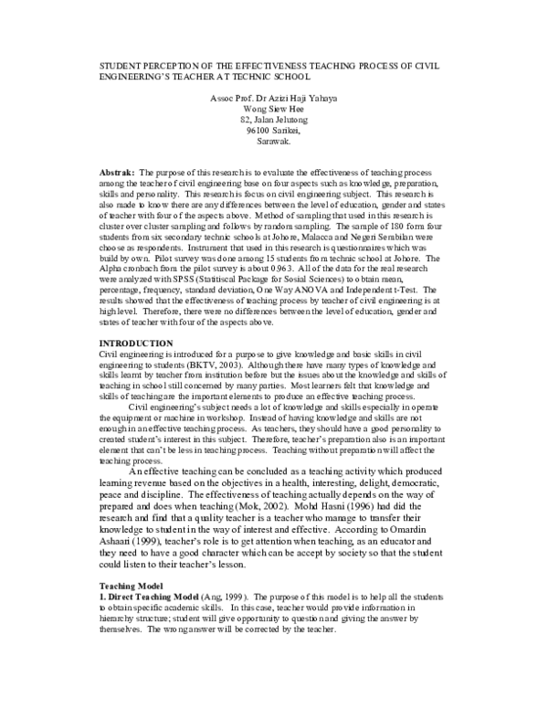 (PDF) Student Perception Of The Effectiveness Teaching Process Of Civil ...