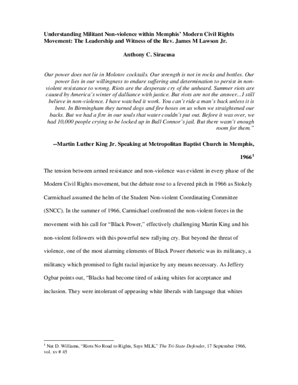 Understanding Militant Non-violence within Memphis’ Modern Civil Rights Movement: The Leadership and Witness of the Rev. James M Lawson Jr