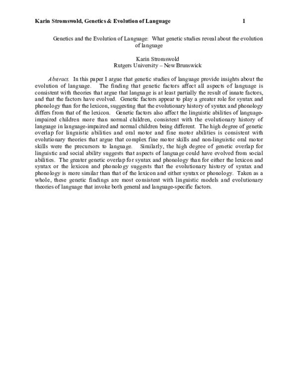 (PDF) Evolution of Language 1 Genetics and the Evolution of Language ...