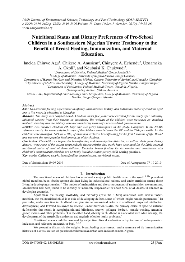 Nutritional Status and Dietary Preferences of Pre-School Children in a ...