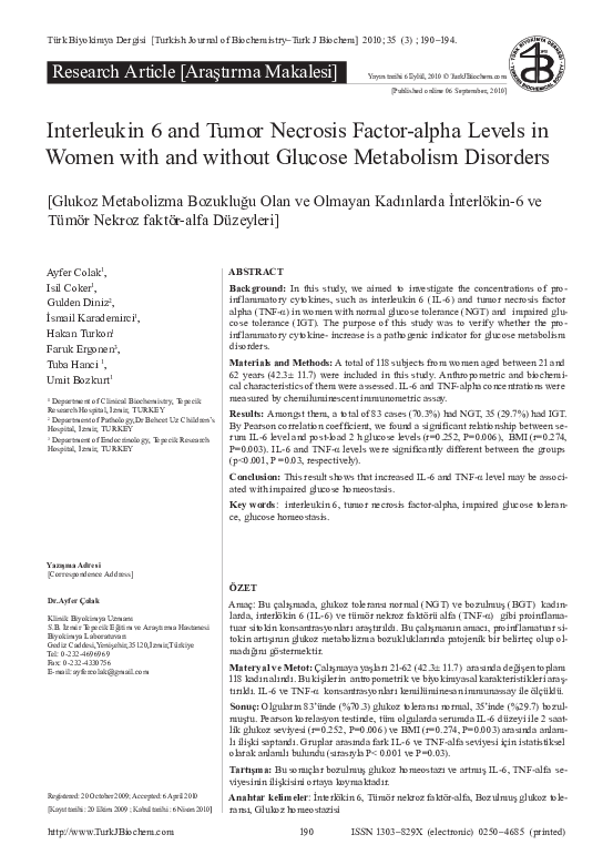 (PDF) Interleukin 6 and Tumor Necrosis Factor-alpha Levels in Women ...