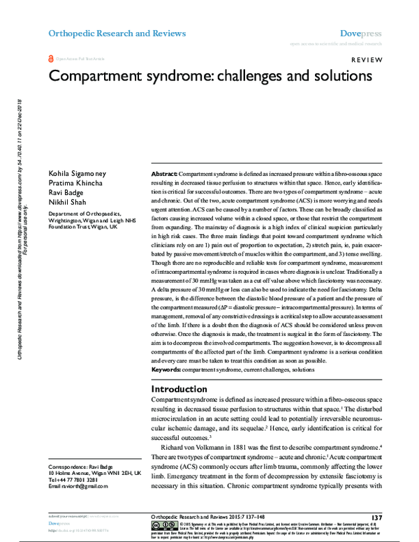 (PDF) Compartment syndrome: challenges and solutions