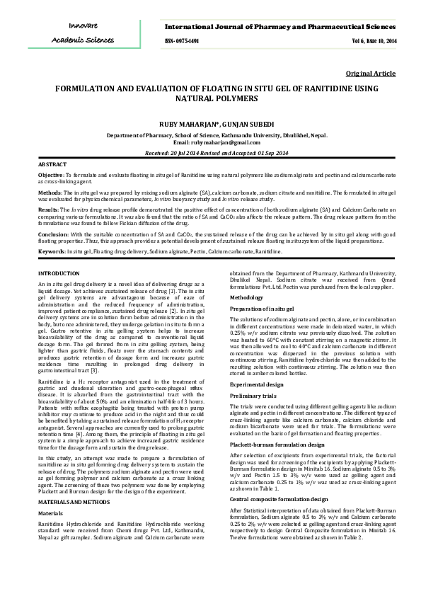 (PDF) FORMULATION AND EVALUATION OF FLOATING IN SITU GEL OF RANITIDINE ...