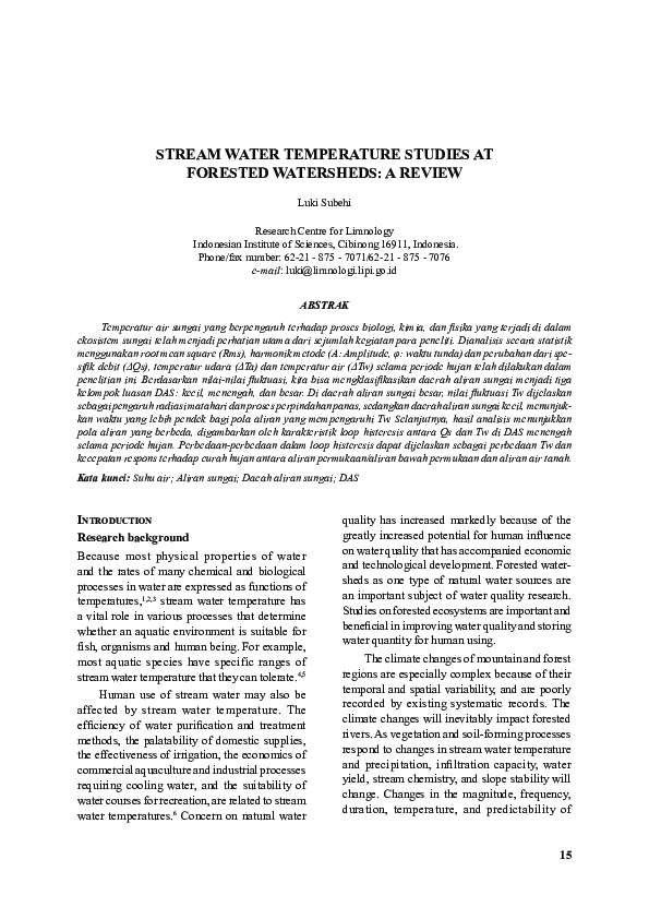 (PDF) Stream Water Temperature Studies at Forested Watersheds : a Review