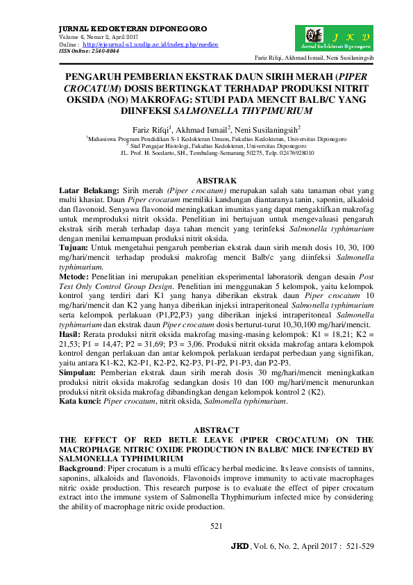 (PDF) Pengaruh Pemberian Ekstrak Daun Sirih Merah (Piper Crocatum ...