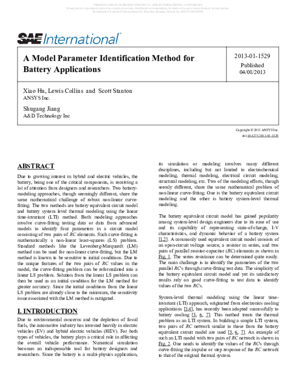 (PDF) A Model Parameter Identification Method for Battery Applications