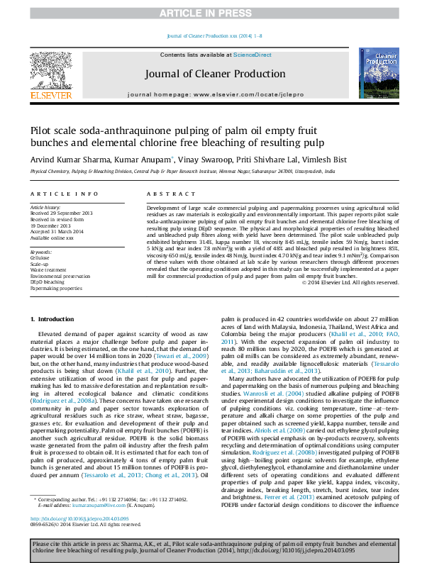 (PDF) Pilot scale sodaanthraquinone pulping of palm oil empty fruit