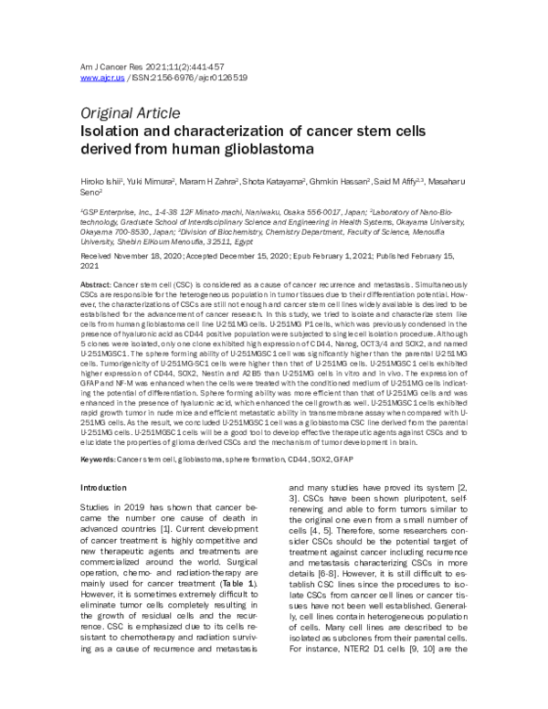 (PDF) Isolation and characterization of cancer stem cells derived from ...