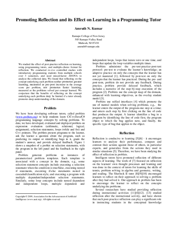(PDF) Promoting Reflection and its Effect on Learning in a Programming ...
