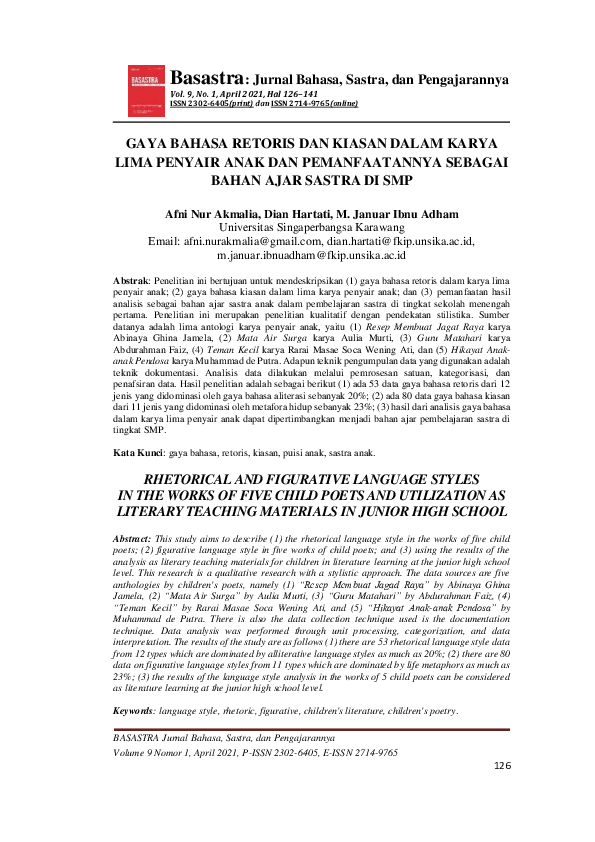 (PDF) Gaya Bahasa Retoris Dan Kiasan Dalam Karya Lima Penyair Anak Dan ...