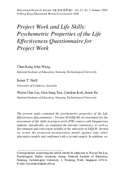 (PDF) Project work and life skills: Psychometric properties of the life ...