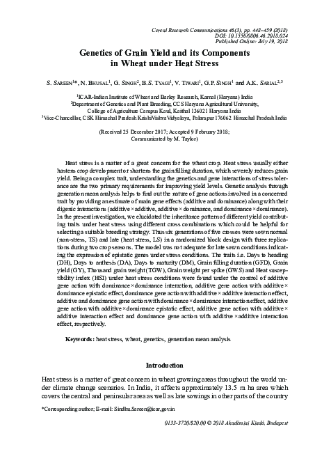 (PDF) Genetics of grain yield and its components in wheat under heat stress