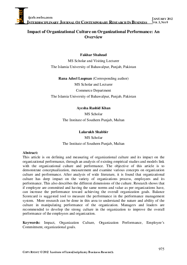 (PDF) Impact of Organizational Culture on Organizational Performance ...