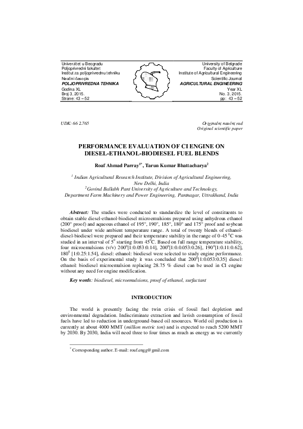 (PDF) Performance Evaluation of CI Engine on Diesel-Ethanol-Biodiesel ...