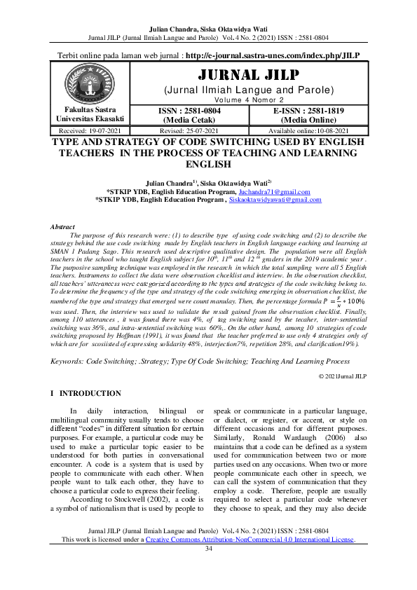 (PDF) Type and Strategy of Code Switching Used by English Teachers in ...
