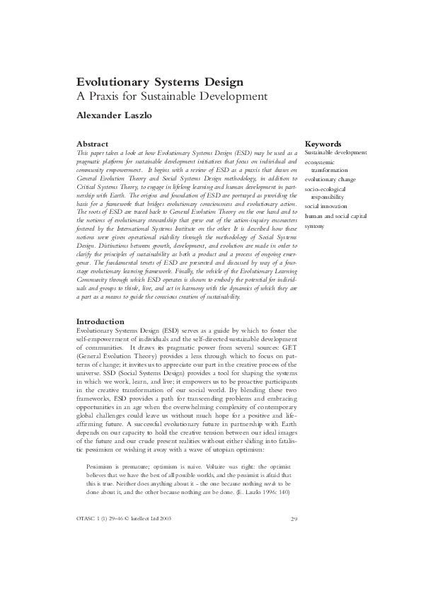 (PDF) Evolutionary Systems Design A Praxis for Sustainable Development