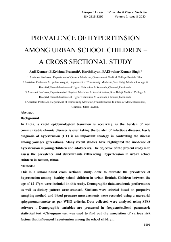 (PDF) Prevalence of Hypertension Among Urban School Children – a Cross ...