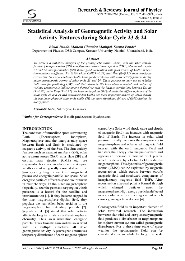 (PDF) Statistical Analysis of Geomagnetic Activity and Solar Activity ...
