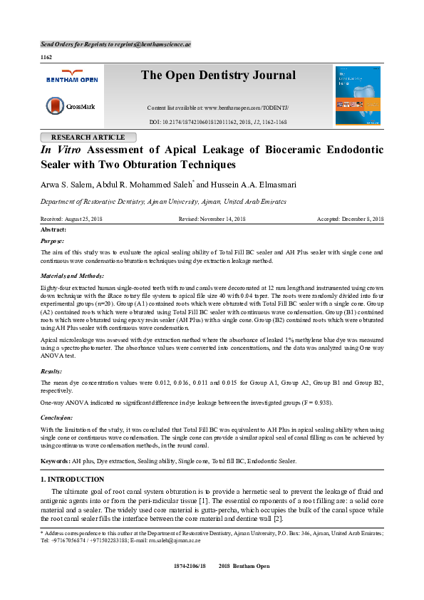 (PDF) Assessment of Apical Leakage of Bioceramic Endodontic Sealer with