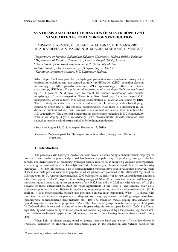(PDF) SYNTHESIS AND CHARACTERIZATION OF SILVER DOPED ZnO NANOPARTICLES ...