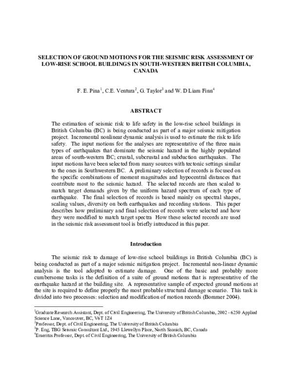 (PDF) Selection of Ground Motions for the Seismic Risk Assessment of ...