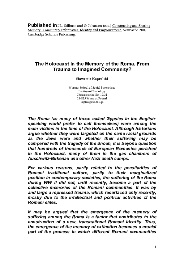 (PDF) The Holocaust in the Memory of the Roma. From Trauma to Imagined ...