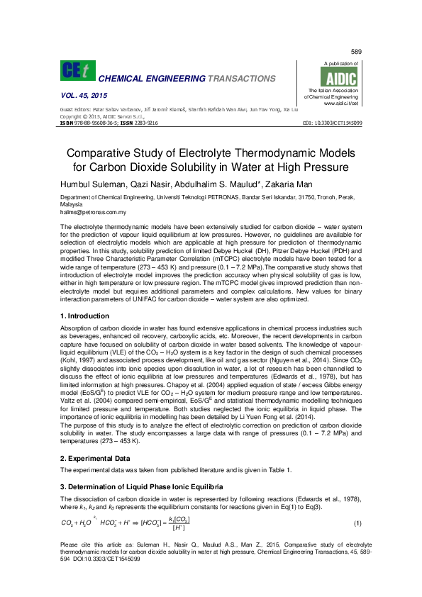 (PDF) Comparative study of electrolyte thermodynamic models for carbon ...