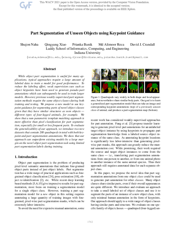 (PDF) Part Segmentation of Unseen Objects using Keypoint Guidance
