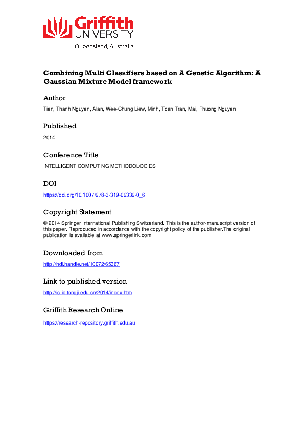(PDF) Combining Multi Classifiers Based on a Genetic Algorithm – A ...